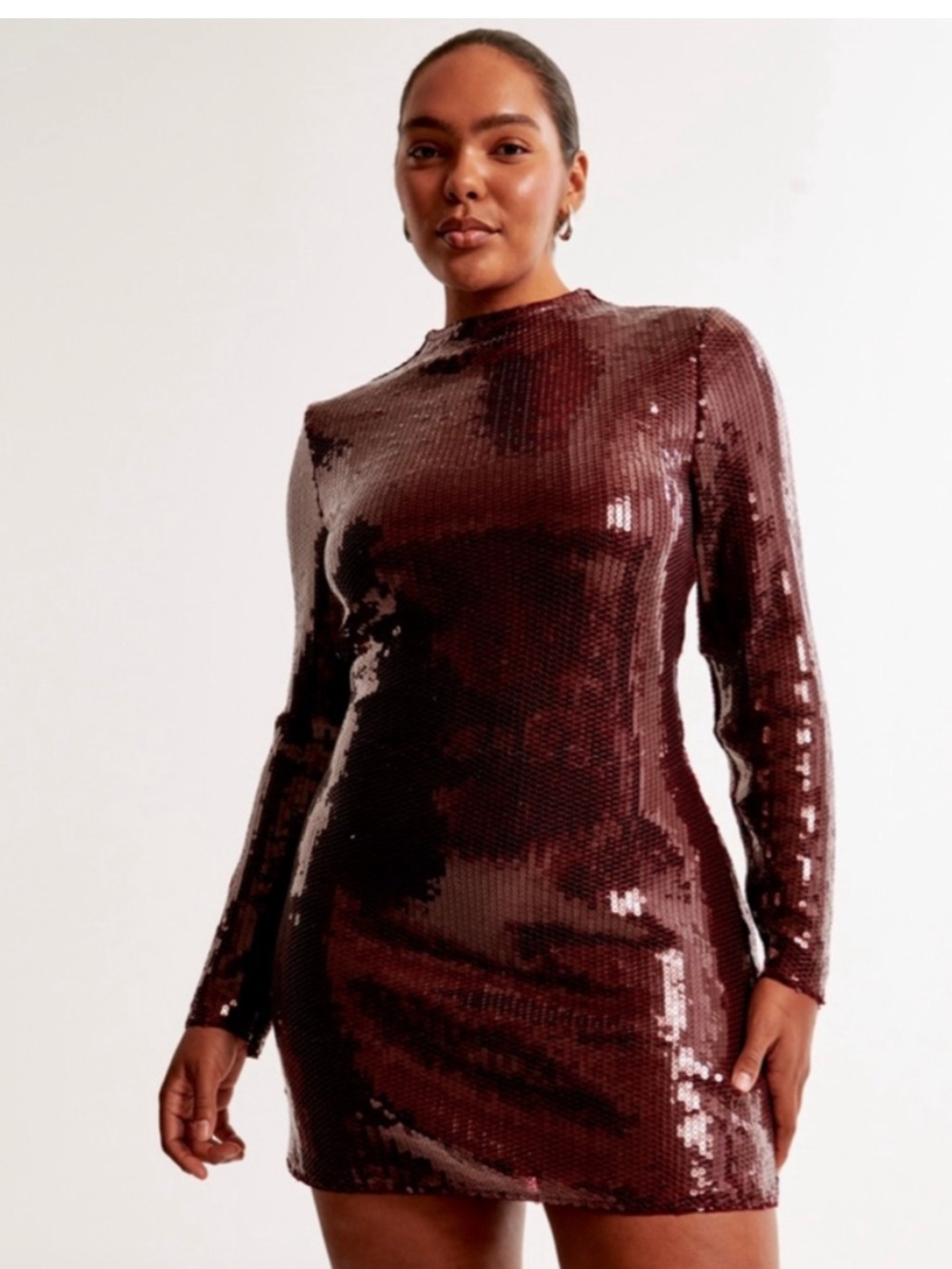 Long-Sleeve Sequin Mini Dress in Deep Burgundy